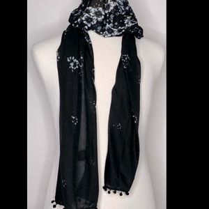 Avon NWOT Scarf Black & White Floral with Pom Pom